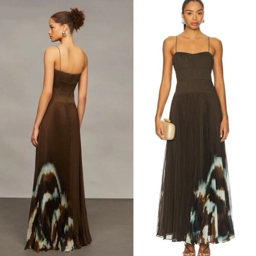 AMUR Sue Brown Pleated Chiffon Drop-Waist Square Neck Gown Dress size 6